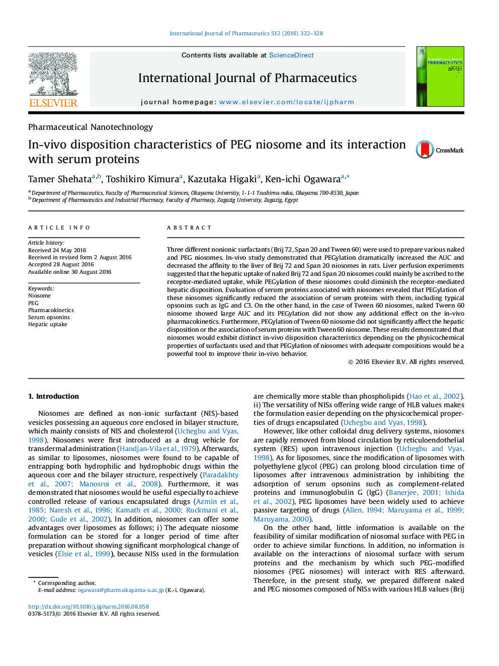 In-vivo disposition characteristics of PEG niosome and its interaction with serum proteins