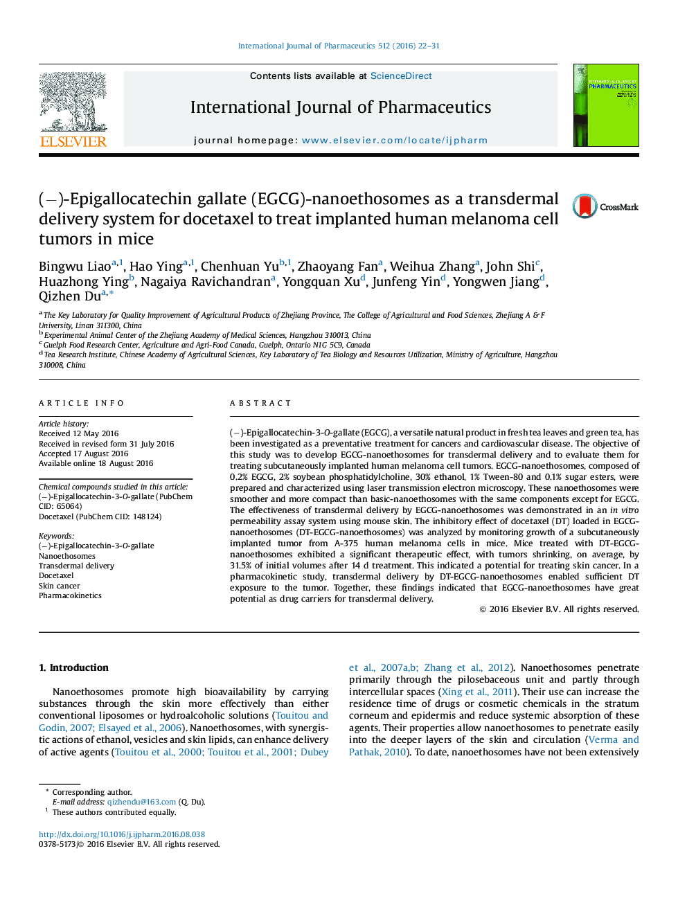 (−)-Epigallocatechin gallate (EGCG)-nanoethosomes as a transdermal delivery system for docetaxel to treat implanted human melanoma cell tumors in mice