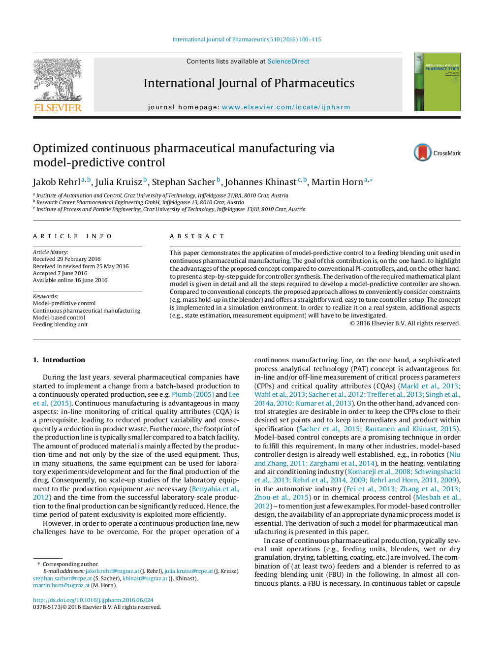 Optimized continuous pharmaceutical manufacturing via model-predictive control