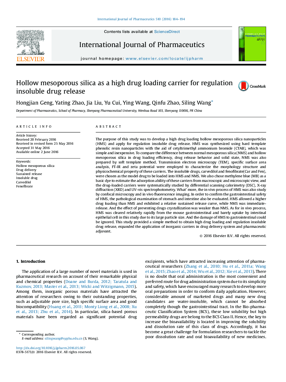 Hollow mesoporous silica as a high drug loading carrier for regulation insoluble drug release