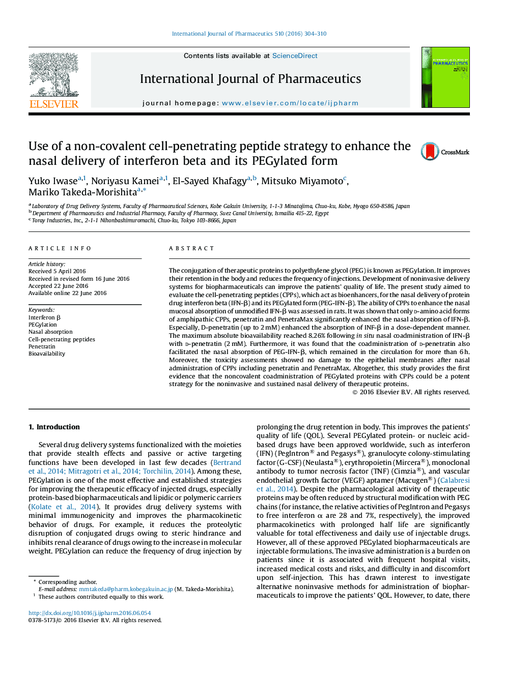 Use of a non-covalent cell-penetrating peptide strategy to enhance the nasal delivery of interferon beta and its PEGylated form