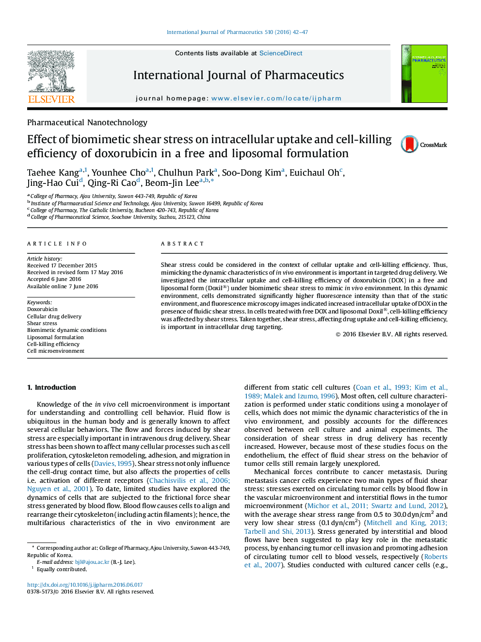 Effect of biomimetic shear stress on intracellular uptake and cell-killing efficiency of doxorubicin in a free and liposomal formulation