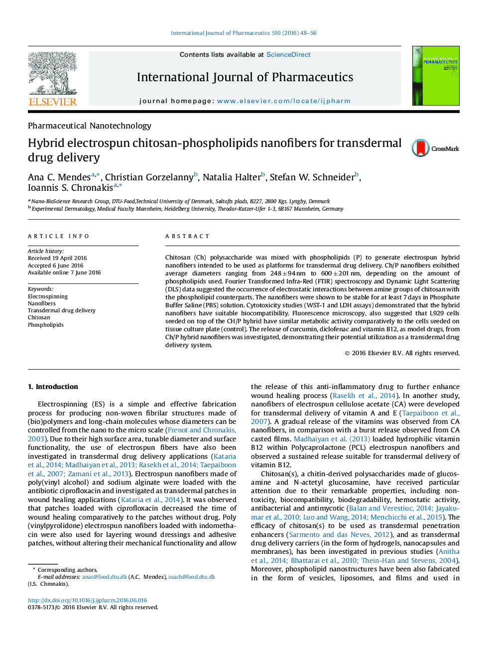 Hybrid electrospun chitosan-phospholipids nanofibers for transdermal drug delivery