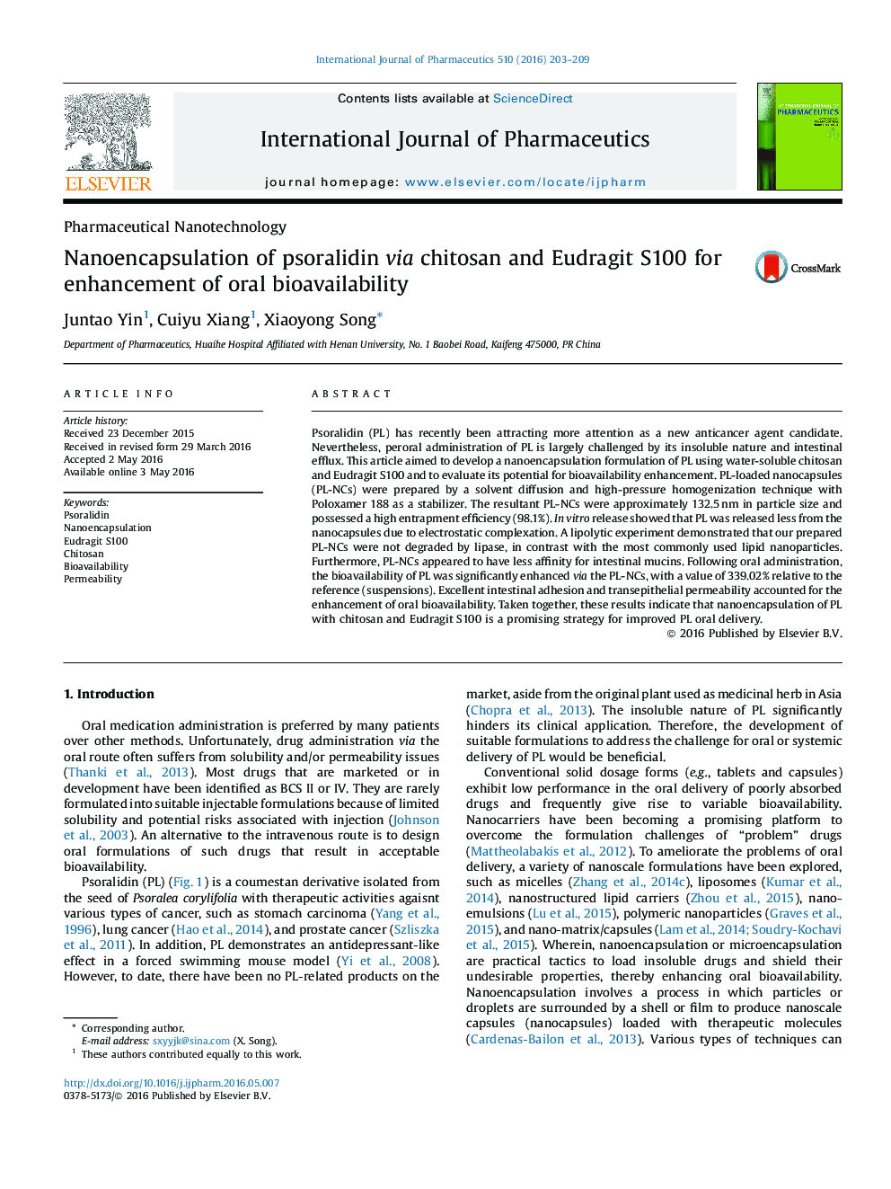 Nanoencapsulation of psoralidin via chitosan and Eudragit S100 for enhancement of oral bioavailability