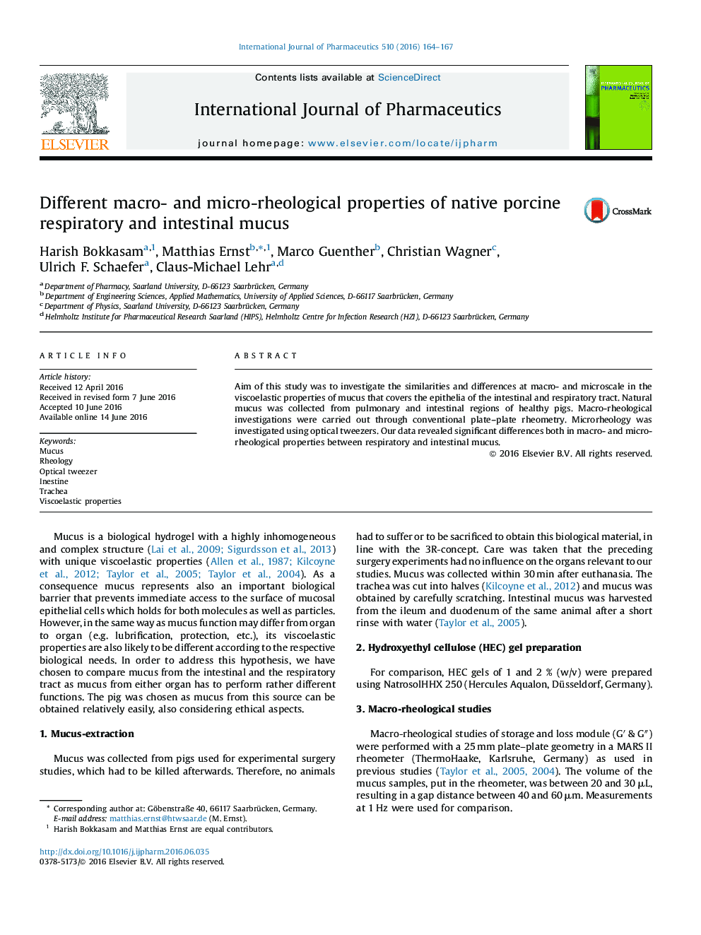 Different macro- and micro-rheological properties of native porcine respiratory and intestinal mucus