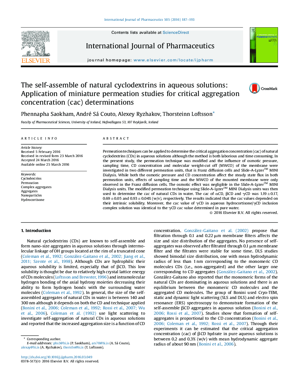 The self-assemble of natural cyclodextrins in aqueous solutions: Application of miniature permeation studies for critical aggregation concentration (cac) determinations