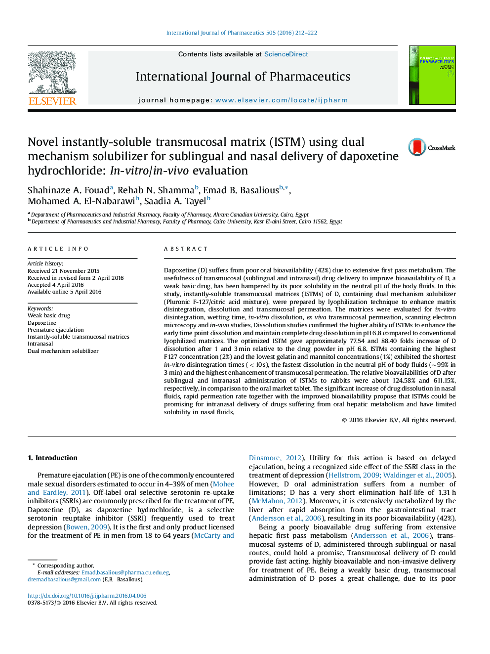 Novel instantly-soluble transmucosal matrix (ISTM) using dual mechanism solubilizer for sublingual and nasal delivery of dapoxetine hydrochloride: In-vitro/in-vivo evaluation