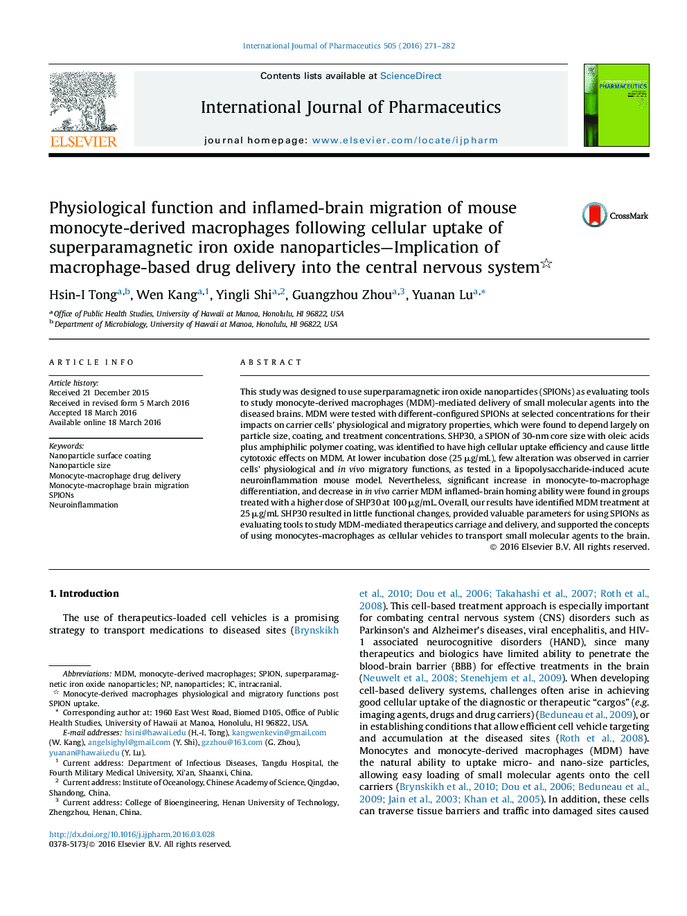 Physiological function and inflamed-brain migration of mouse monocyte-derived macrophages following cellular uptake of superparamagnetic iron oxide nanoparticles—Implication of macrophage-based drug delivery into the central nervous system 