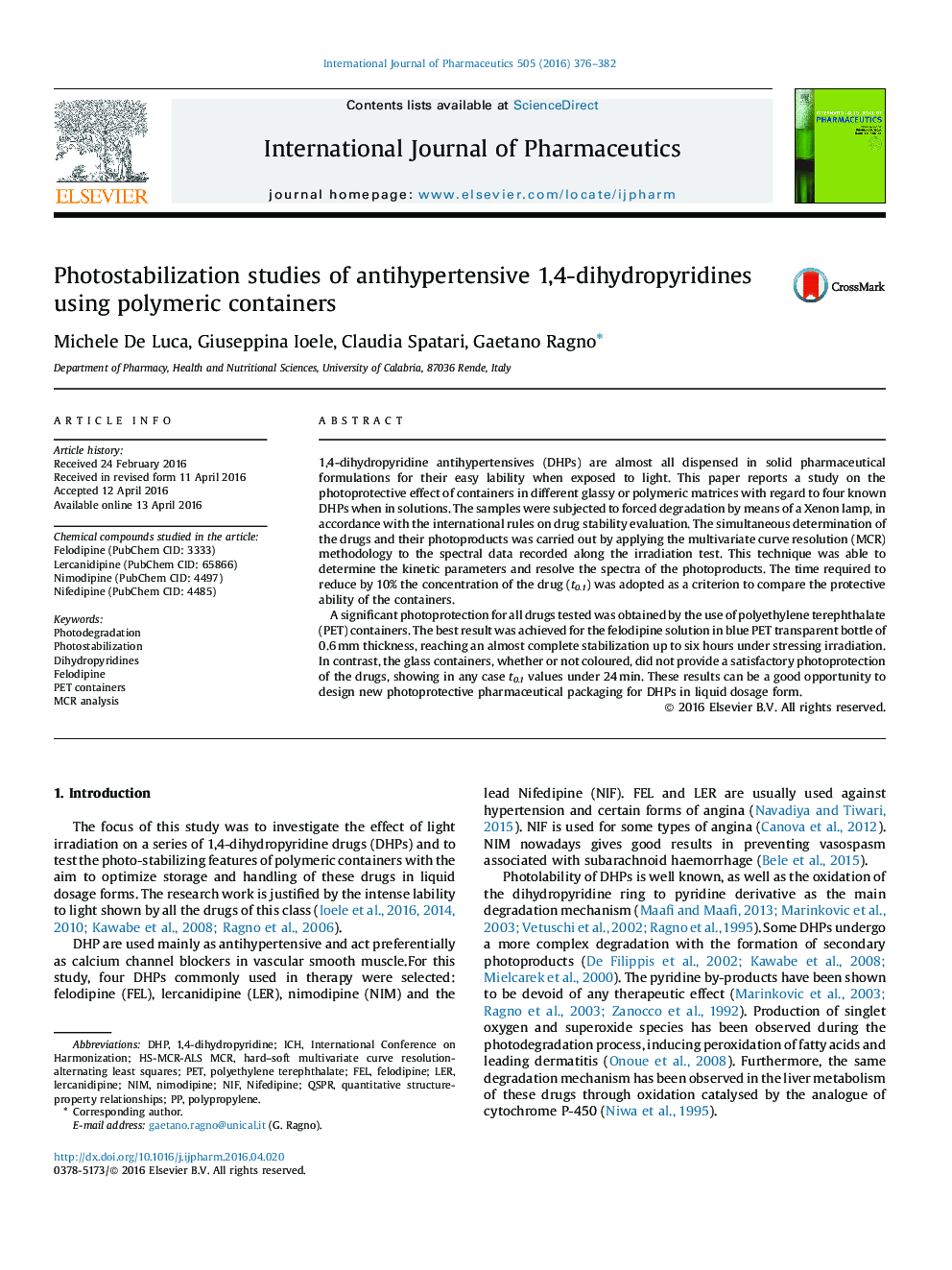 Photostabilization studies of antihypertensive 1,4-dihydropyridines using polymeric containers