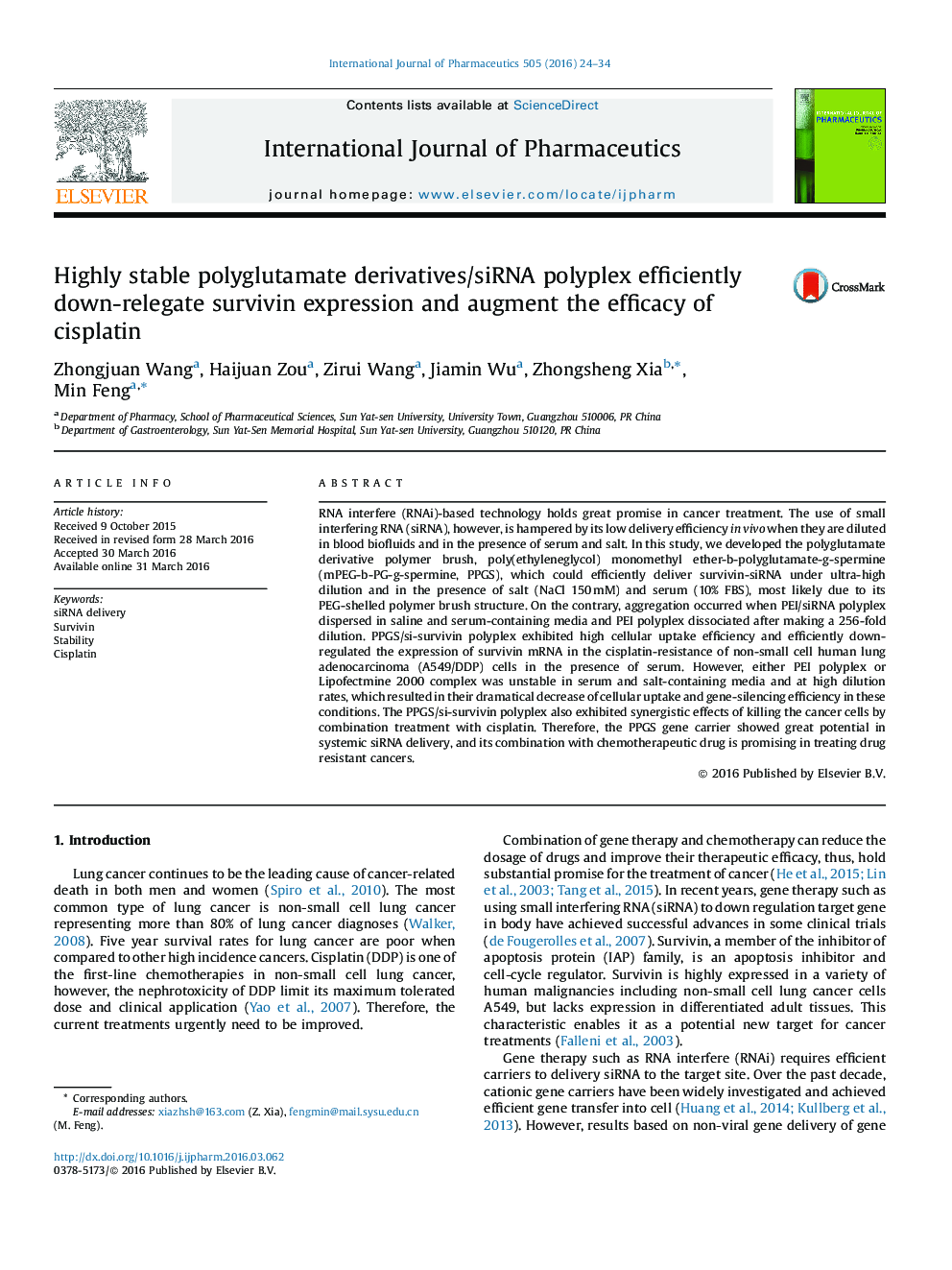 Highly stable polyglutamate derivatives/siRNA polyplex efficiently down-relegate survivin expression and augment the efficacy of cisplatin