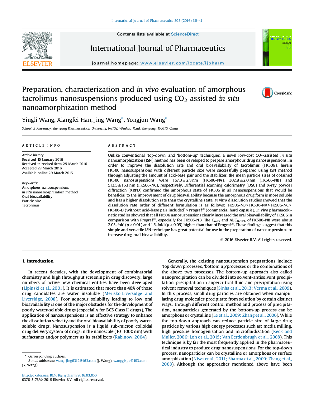 Preparation, characterization and in vivo evaluation of amorphous tacrolimus nanosuspensions produced using CO2-assisted in situ nanoamorphization method