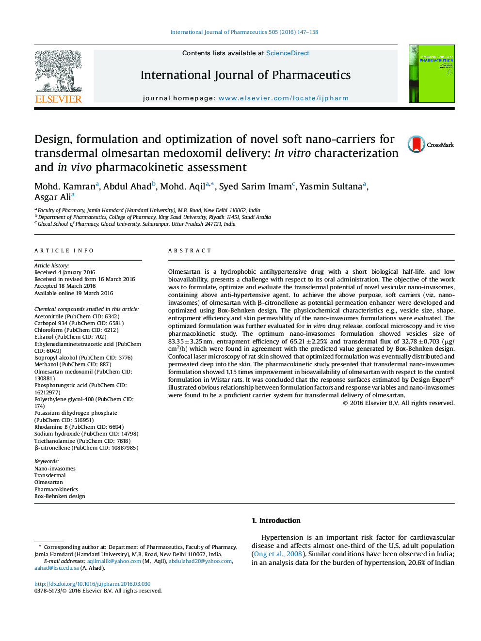 Design, formulation and optimization of novel soft nano-carriers for transdermal olmesartan medoxomil delivery: In vitro characterization and in vivo pharmacokinetic assessment