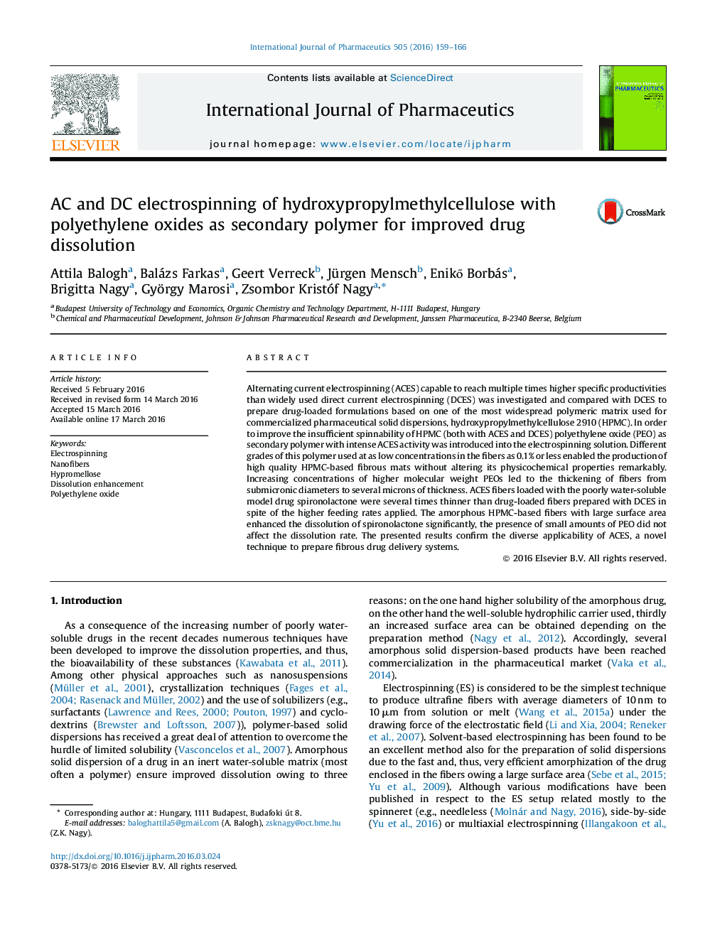 AC and DC electrospinning of hydroxypropylmethylcellulose with polyethylene oxides as secondary polymer for improved drug dissolution