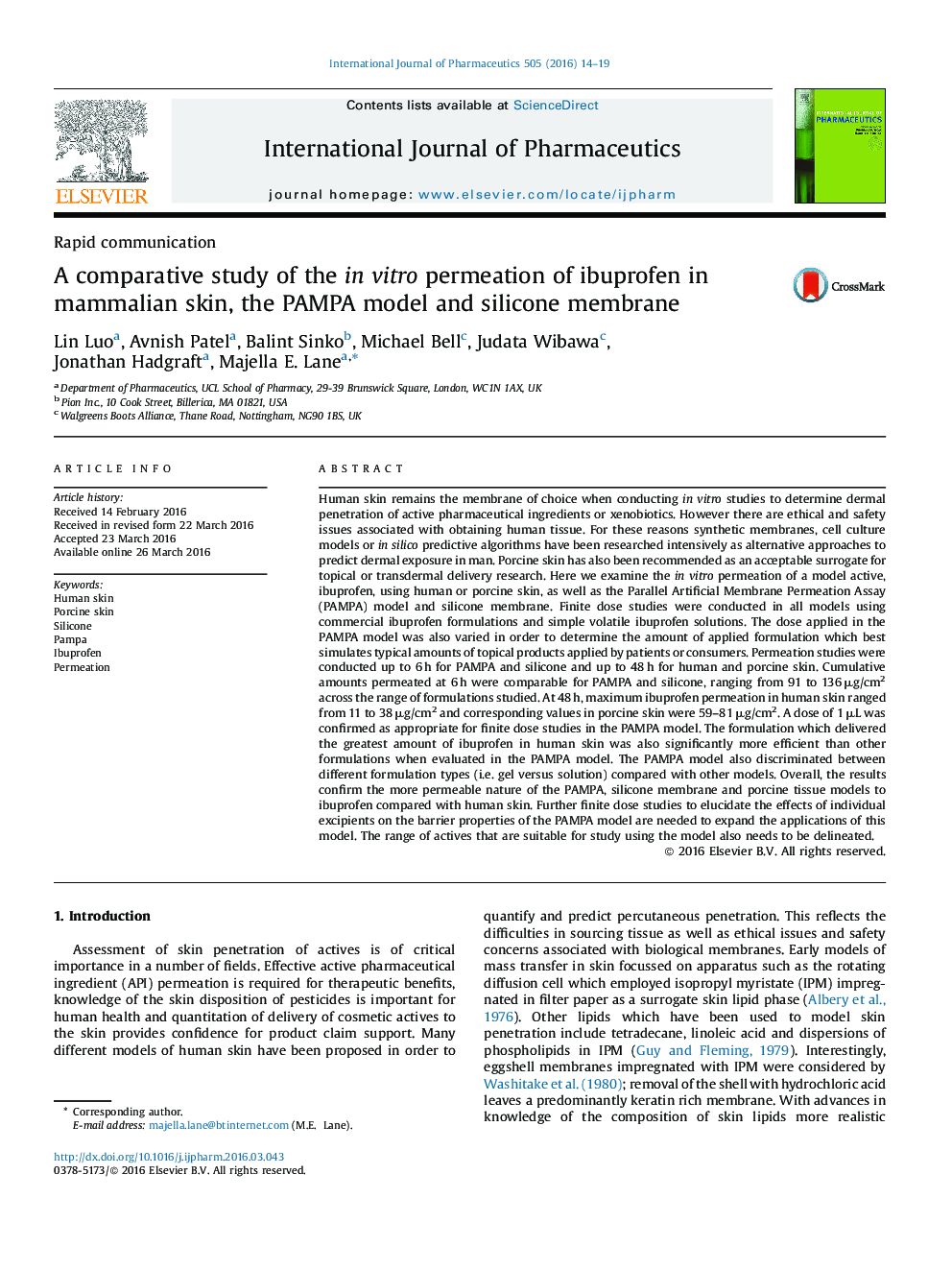 A comparative study of the in vitro permeation of ibuprofen in mammalian skin, the PAMPA model and silicone membrane