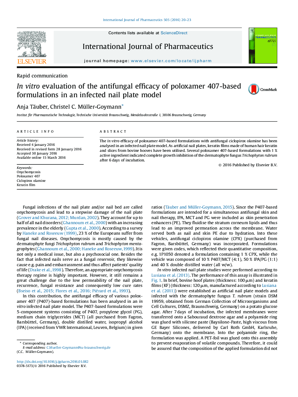 In vitro evaluation of the antifungal efficacy of poloxamer 407-based formulations in an infected nail plate model