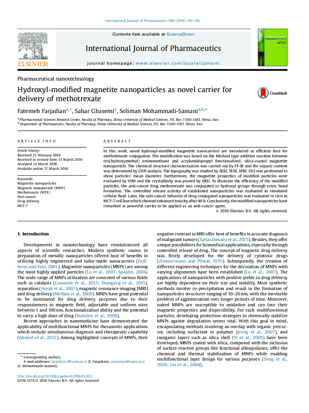 Hydroxyl-modified magnetite nanoparticles as novel carrier for delivery of methotrexate