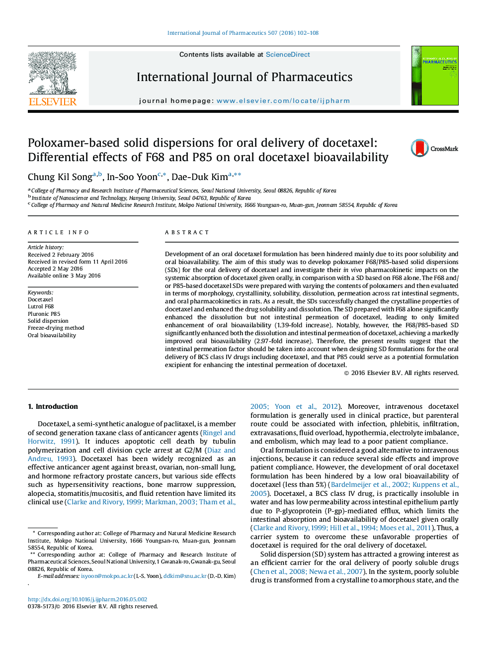 Poloxamer-based solid dispersions for oral delivery of docetaxel: Differential effects of F68 and P85 on oral docetaxel bioavailability