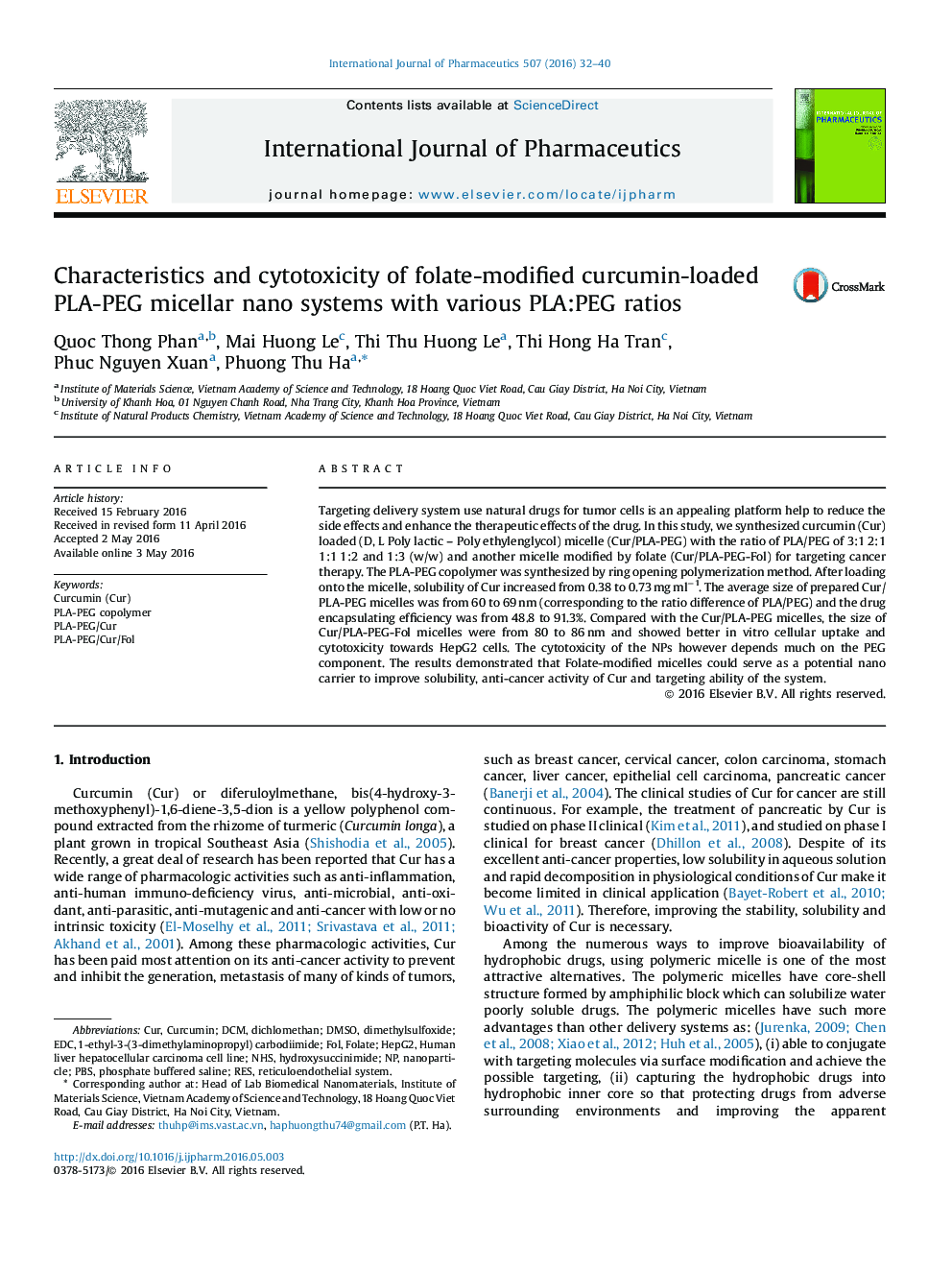 Characteristics and cytotoxicity of folate-modified curcumin-loaded PLA-PEG micellar nano systems with various PLA:PEG ratios
