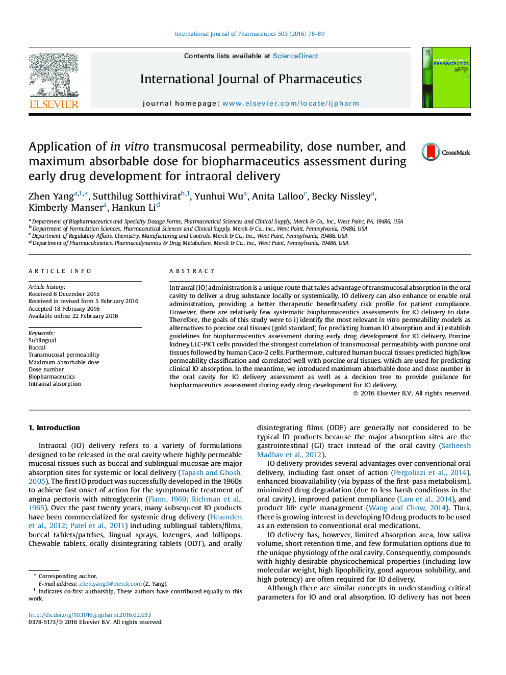 Application of in vitro transmucosal permeability, dose number, and maximum absorbable dose for biopharmaceutics assessment during early drug development for intraoral delivery