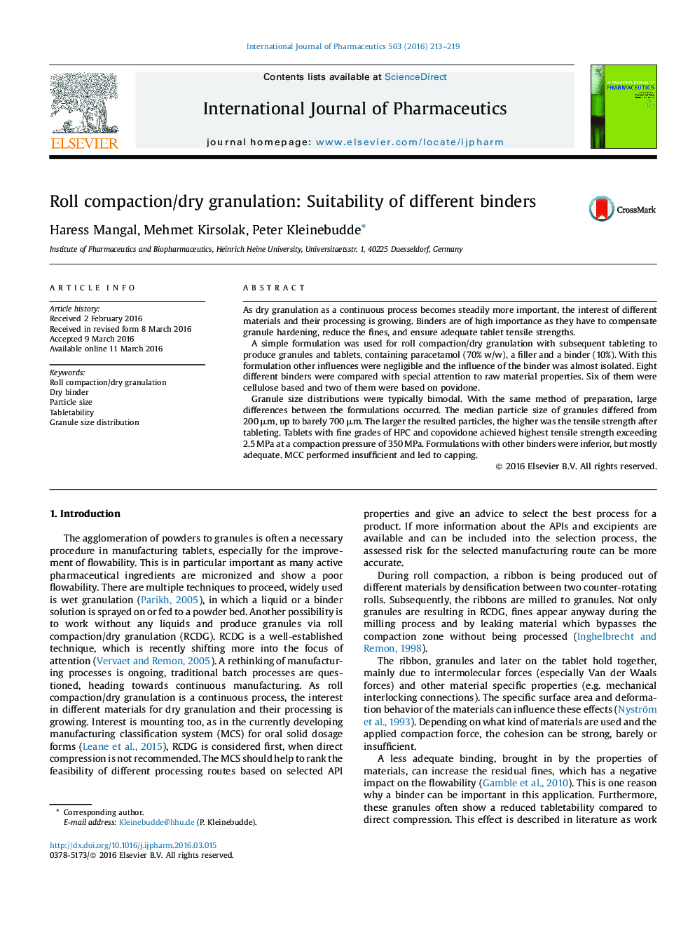 Roll compaction/dry granulation: Suitability of different binders