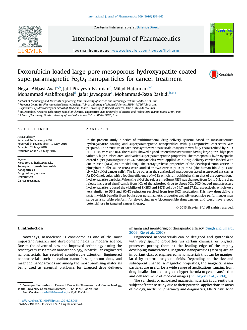 Doxorubicin loaded large-pore mesoporous hydroxyapatite coated superparamagnetic Fe3O4 nanoparticles for cancer treatment