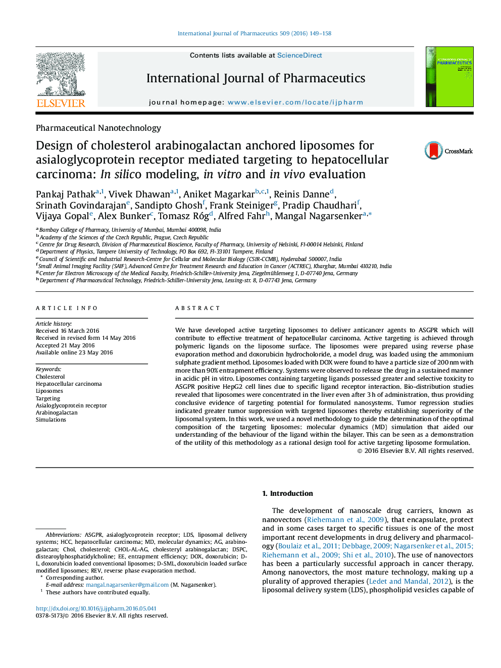 Design of cholesterol arabinogalactan anchored liposomes for asialoglycoprotein receptor mediated targeting to hepatocellular carcinoma: In silico modeling, in vitro and in vivo evaluation