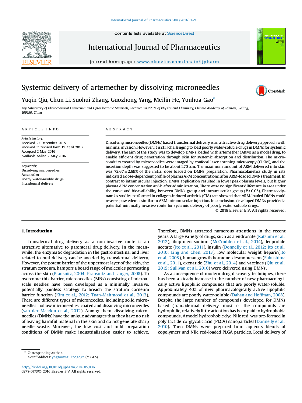 Systemic delivery of artemether by dissolving microneedles