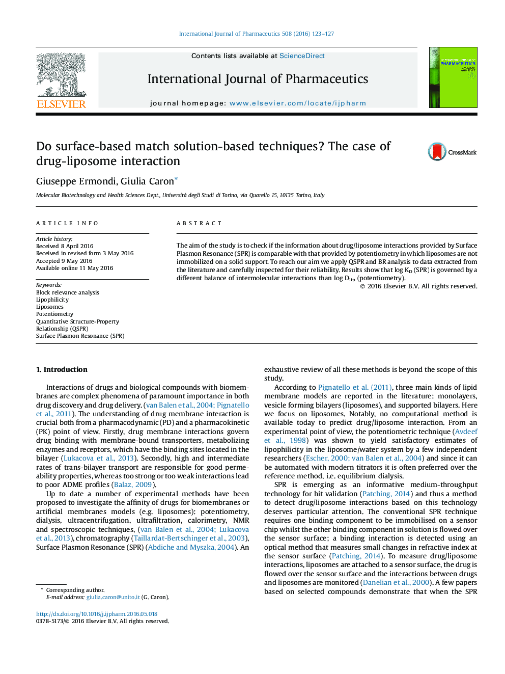 Do surface-based match solution-based techniques? The case of drug-liposome interaction