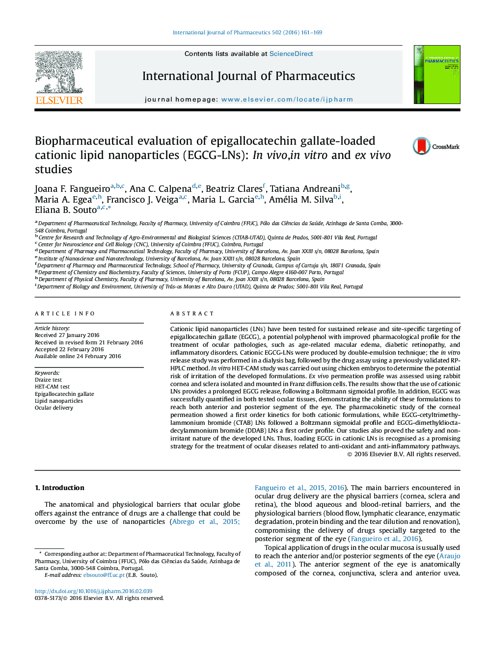 Biopharmaceutical evaluation of epigallocatechin gallate-loaded cationic lipid nanoparticles (EGCG-LNs): In vivo, in vitro and ex vivo studies