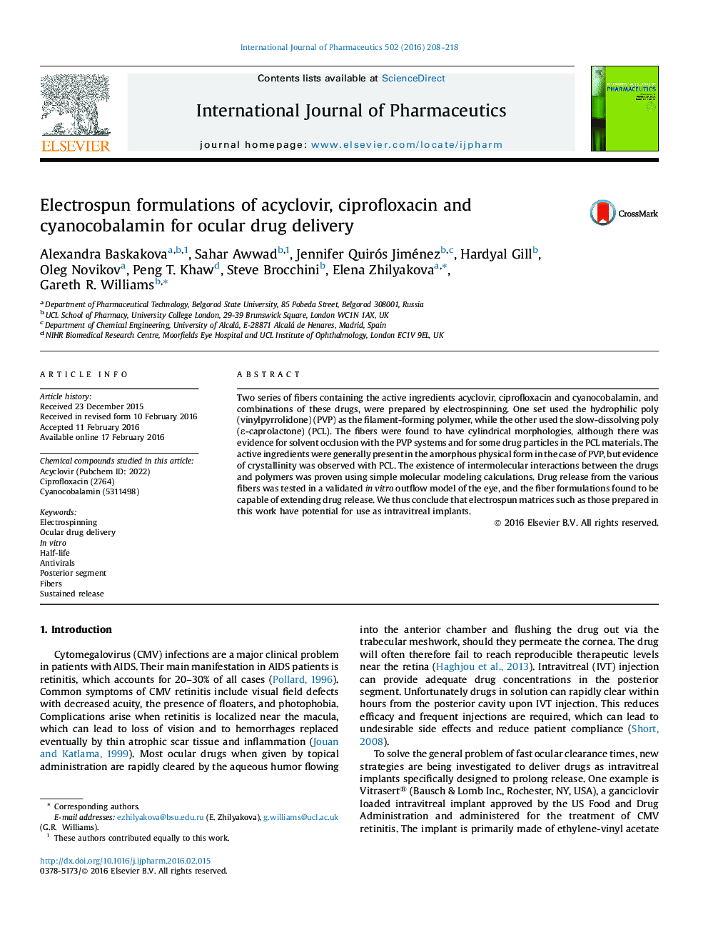 Electrospun formulations of acyclovir, ciprofloxacin and cyanocobalamin for ocular drug delivery