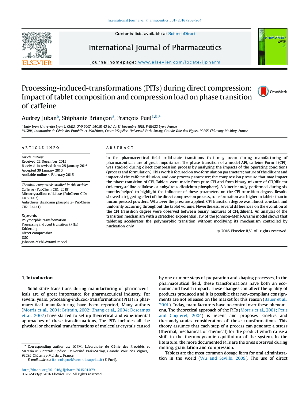 Processing-induced-transformations (PITs) during direct compression: Impact of tablet composition and compression load on phase transition of caffeine