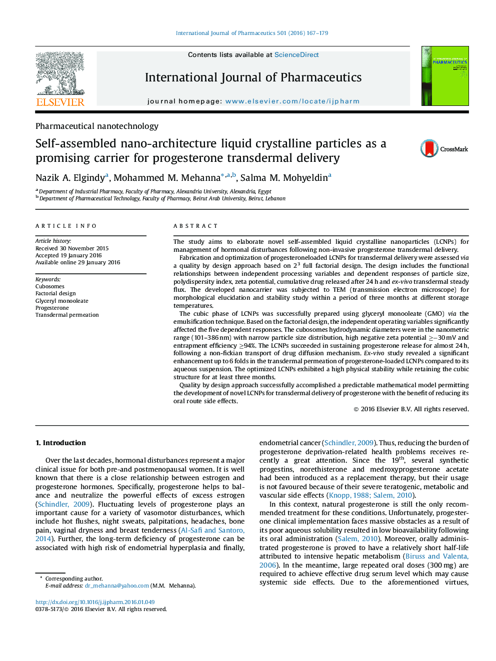 Self-assembled nano-architecture liquid crystalline particles as a promising carrier for progesterone transdermal delivery