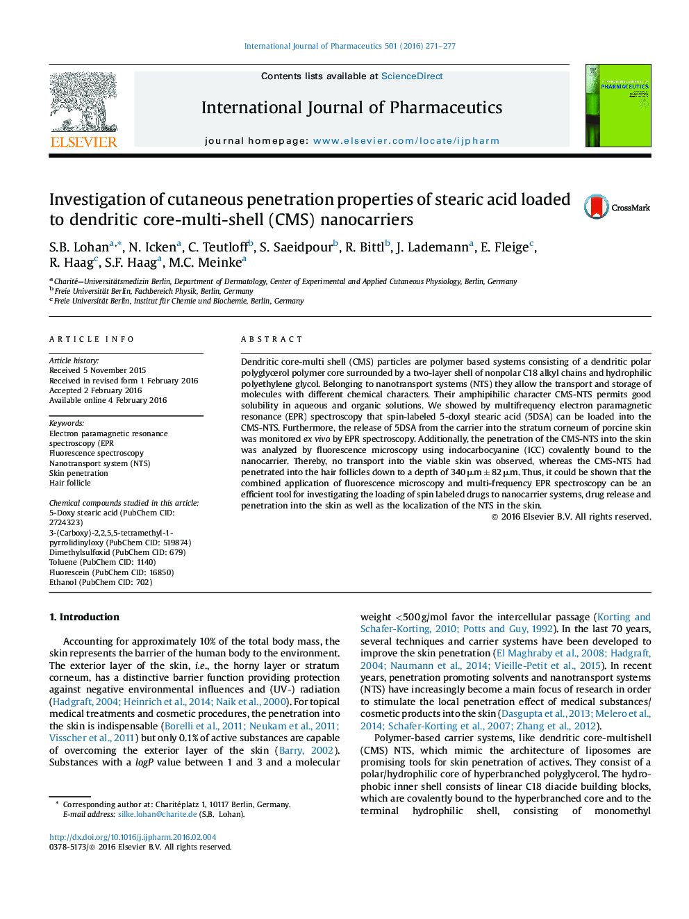 Investigation of cutaneous penetration properties of stearic acid loaded to dendritic core-multi-shell (CMS) nanocarriers