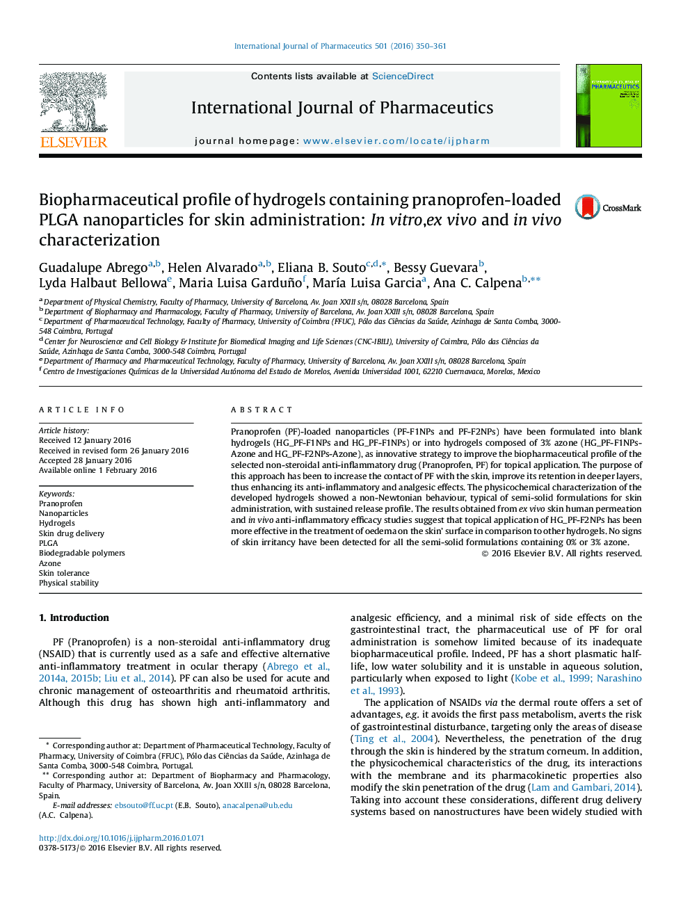 Biopharmaceutical profile of hydrogels containing pranoprofen-loaded PLGA nanoparticles for skin administration: In vitro, ex vivo and in vivo characterization