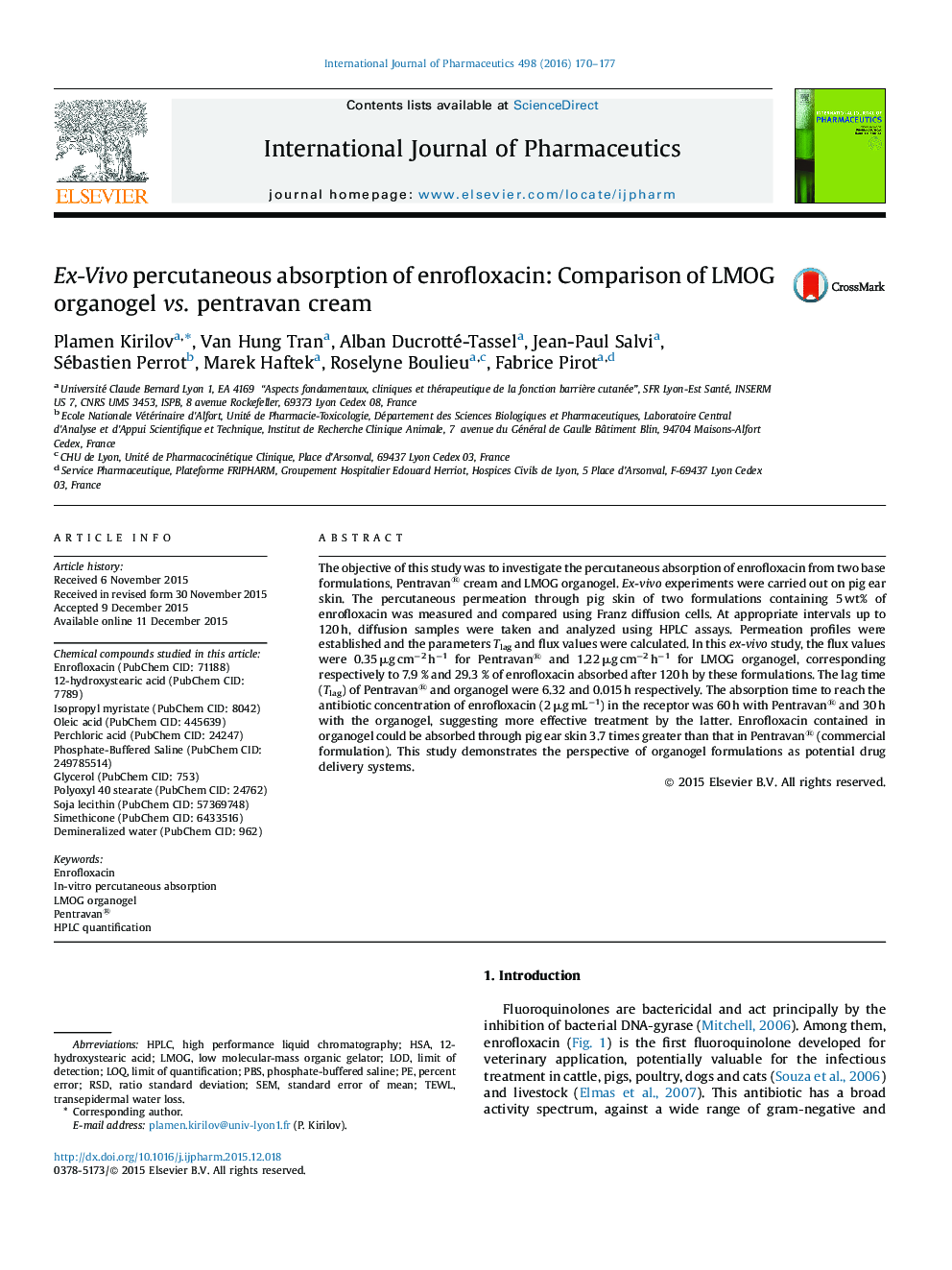 Ex-Vivo percutaneous absorption of enrofloxacin: Comparison of LMOG organogel vs. pentravan cream