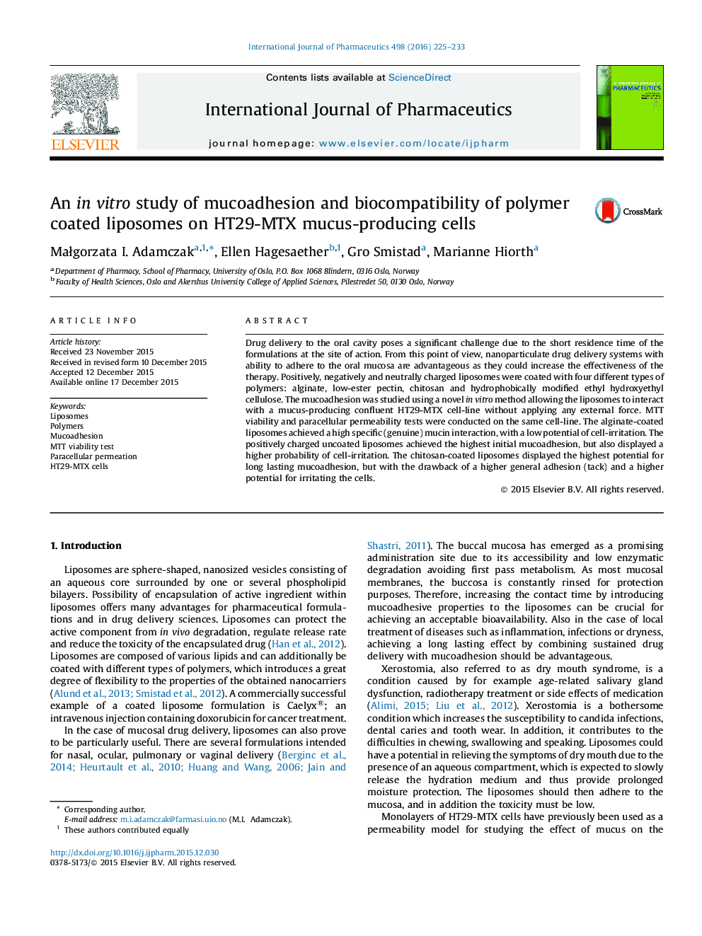 An in vitro study of mucoadhesion and biocompatibility of polymer coated liposomes on HT29-MTX mucus-producing cells