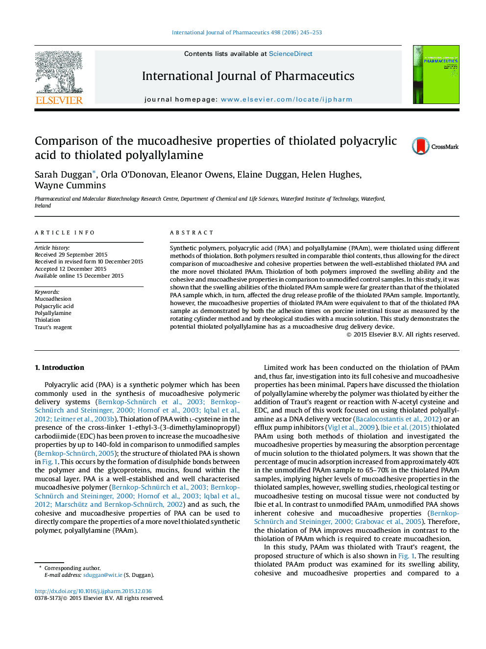 Comparison of the mucoadhesive properties of thiolated polyacrylic acid to thiolated polyallylamine