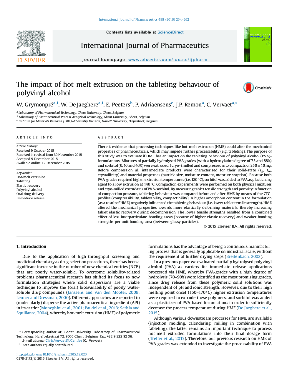 The impact of hot-melt extrusion on the tableting behaviour of polyvinyl alcohol