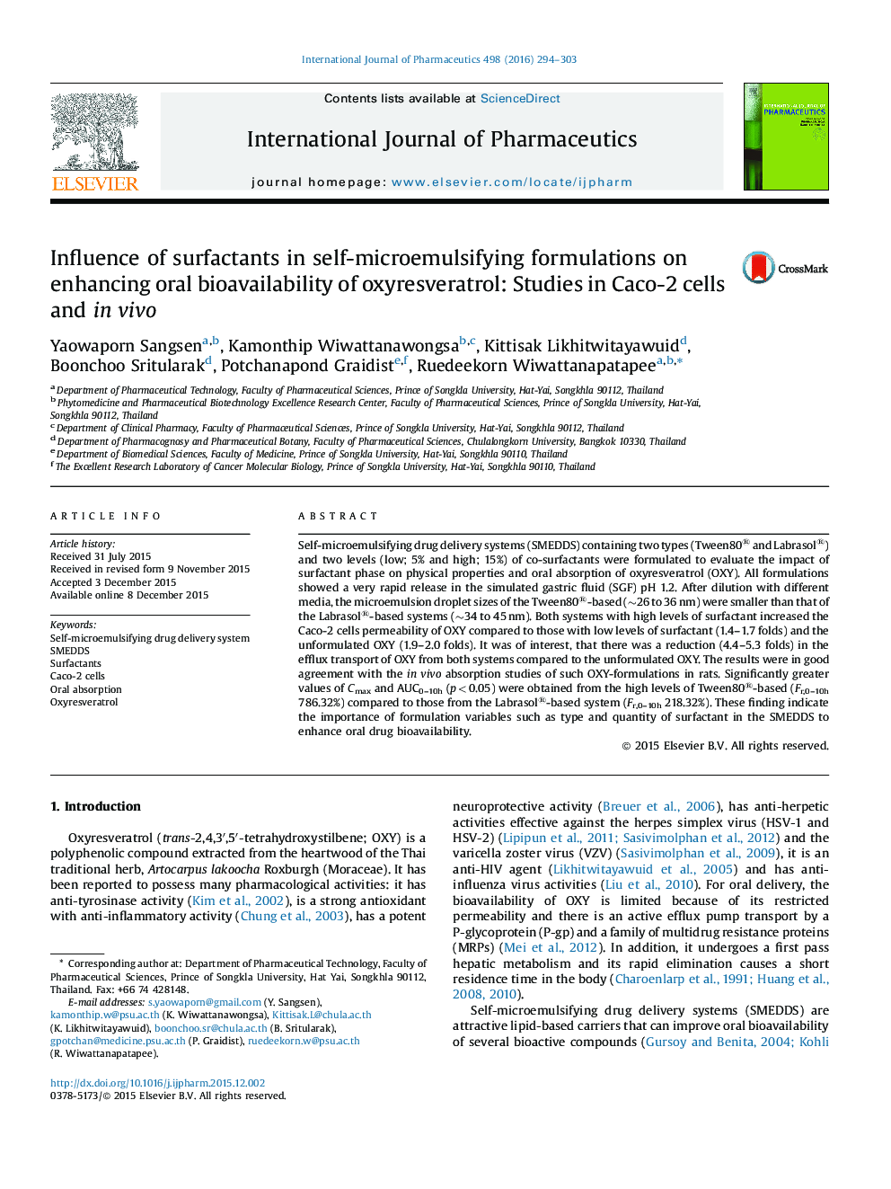 Influence of surfactants in self-microemulsifying formulations on enhancing oral bioavailability of oxyresveratrol: Studies in Caco-2 cells and in vivo