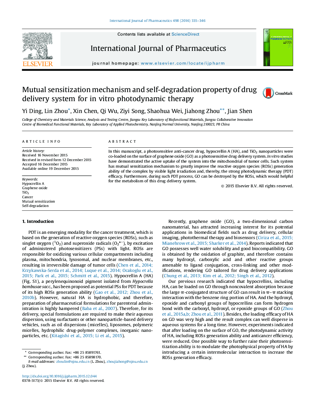 Mutual sensitization mechanism and self-degradation property of drug delivery system for in vitro photodynamic therapy