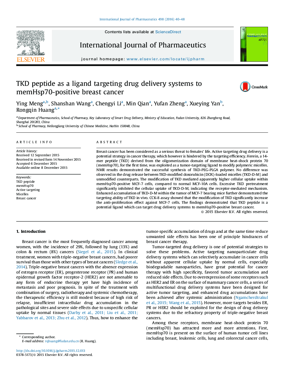 TKD peptide as a ligand targeting drug delivery systems to memHsp70-positive breast cancer