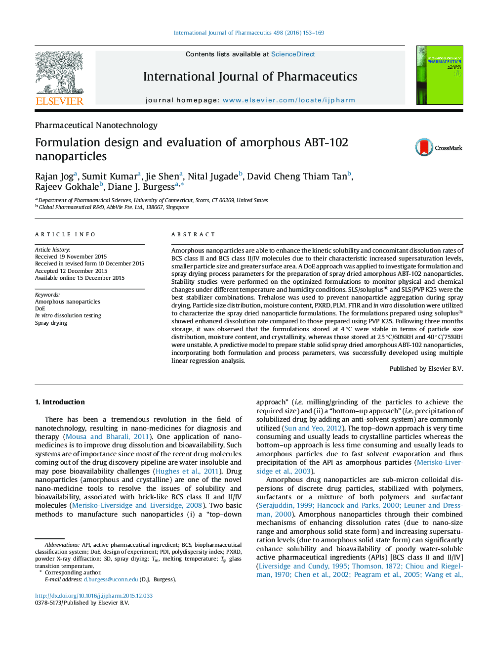 Formulation design and evaluation of amorphous ABT-102 nanoparticles