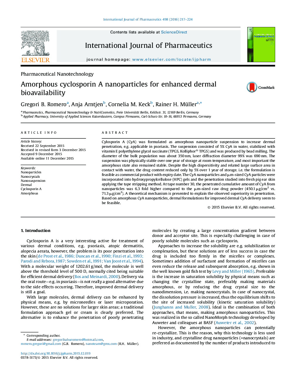 Amorphous cyclosporin A nanoparticles for enhanced dermal bioavailability