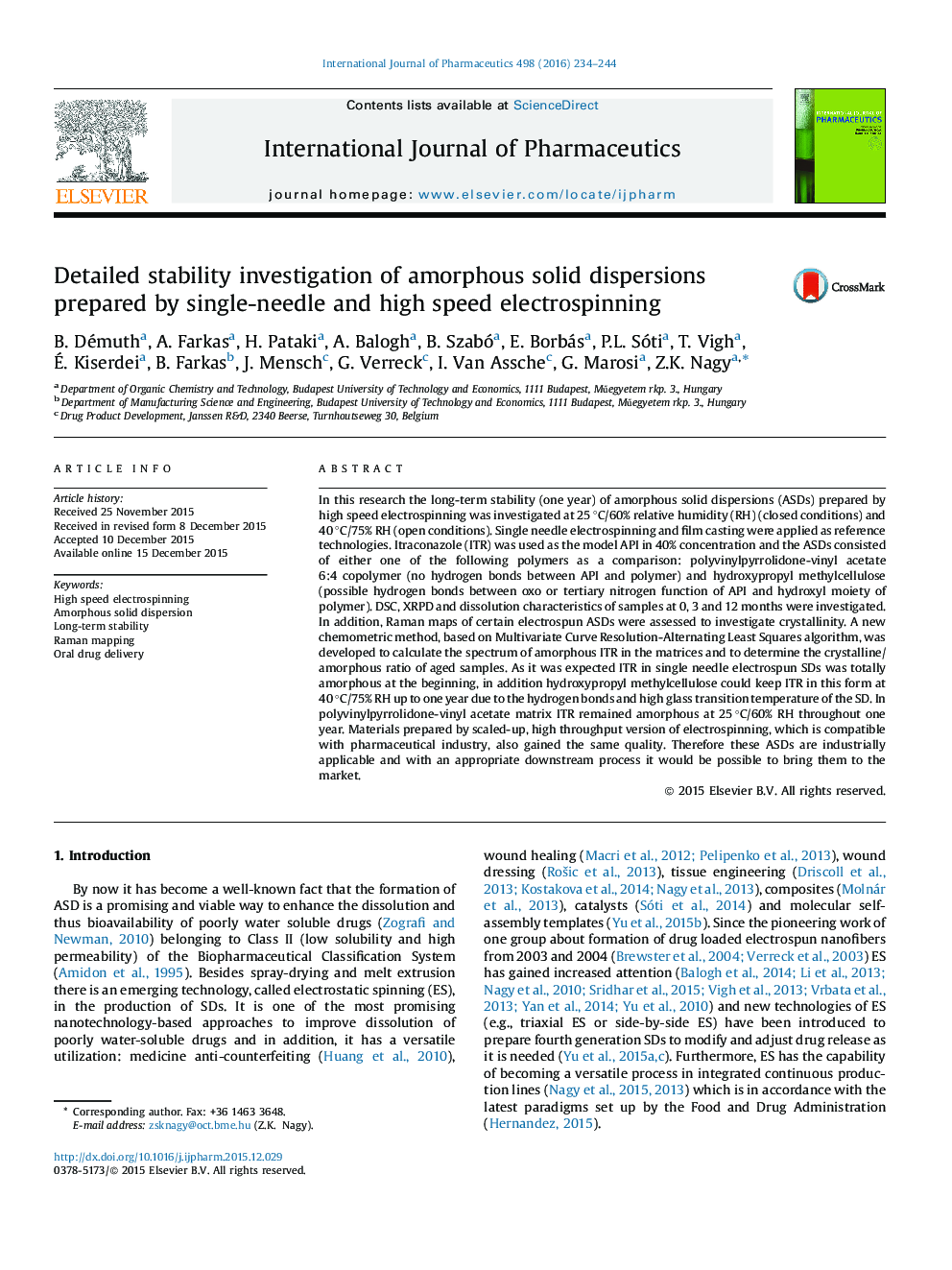 Detailed stability investigation of amorphous solid dispersions prepared by single-needle and high speed electrospinning