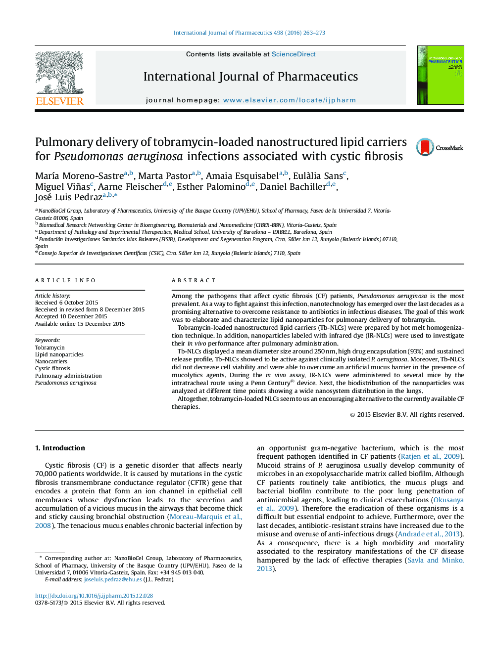 Pulmonary delivery of tobramycin-loaded nanostructured lipid carriers for Pseudomonas aeruginosa infections associated with cystic fibrosis