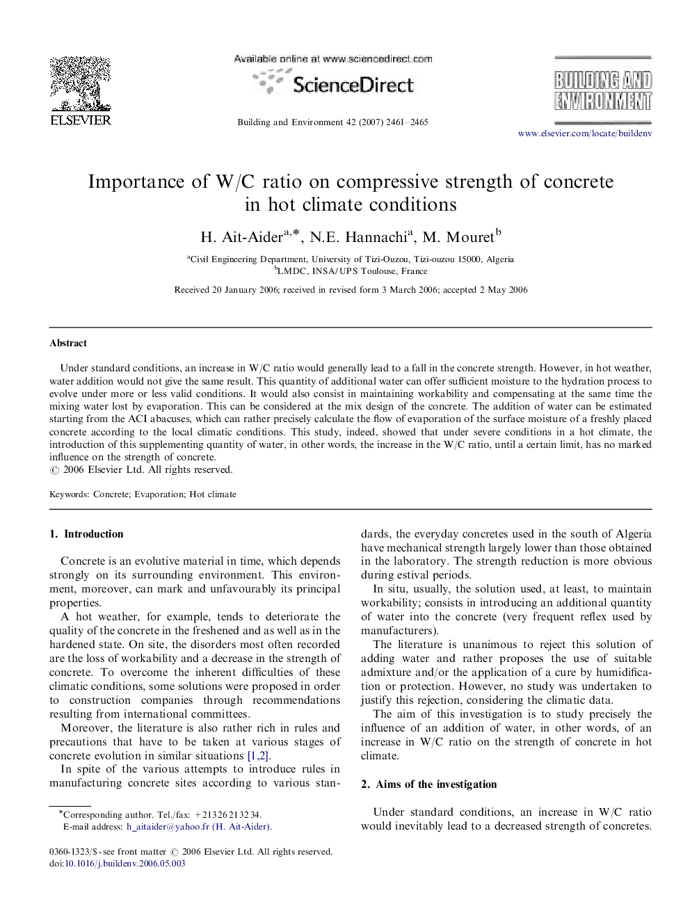 Importance of W/C ratio on compressive strength of concrete in hot climate conditions