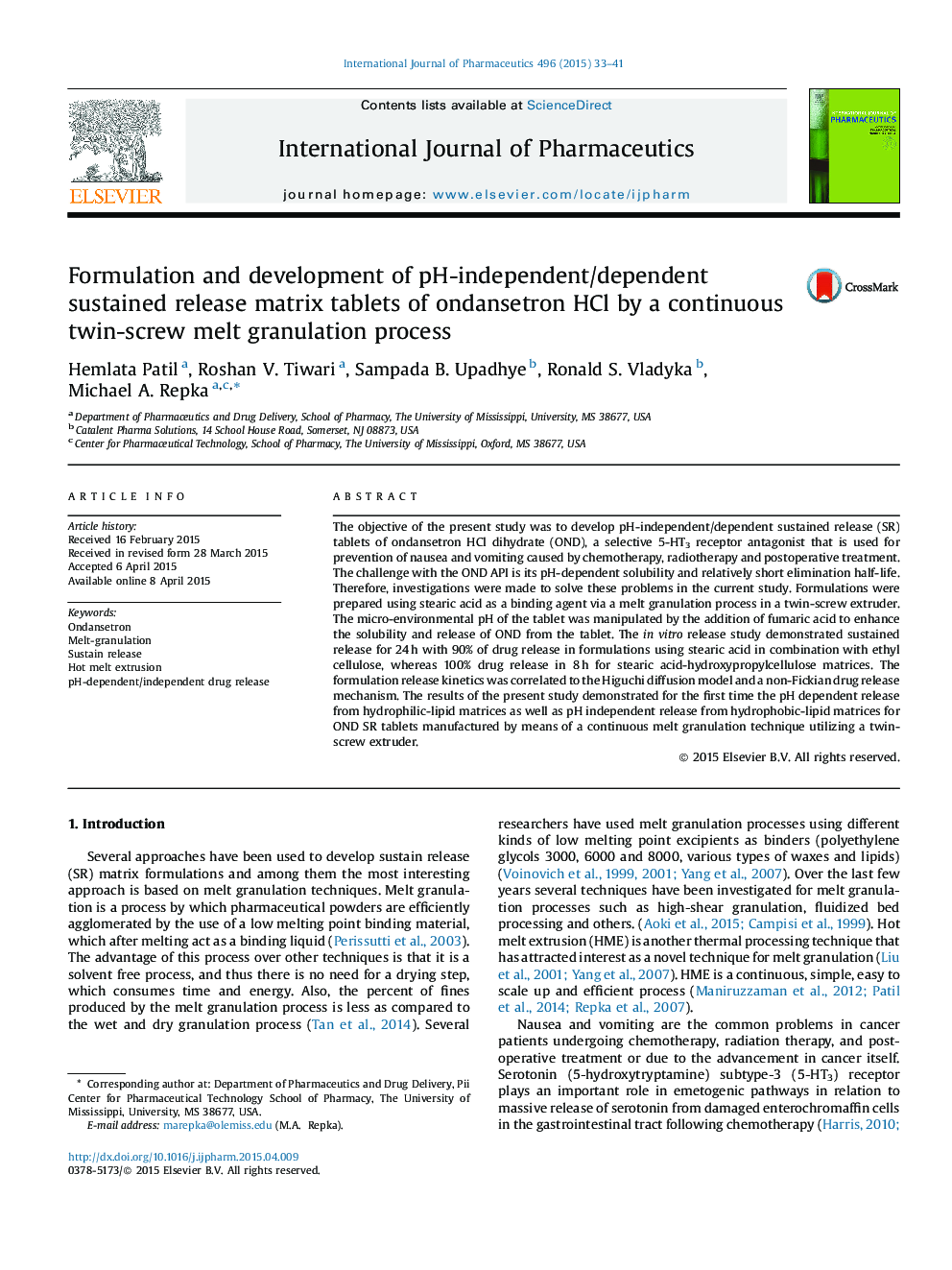 Formulation and development of pH-independent/dependent sustained release matrix tablets of ondansetron HCl by a continuous twin-screw melt granulation process