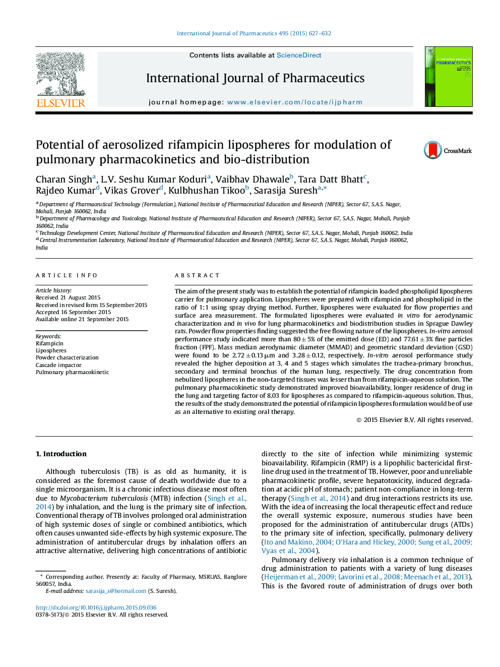 Potential of aerosolized rifampicin lipospheres for modulation of pulmonary pharmacokinetics and bio-distribution