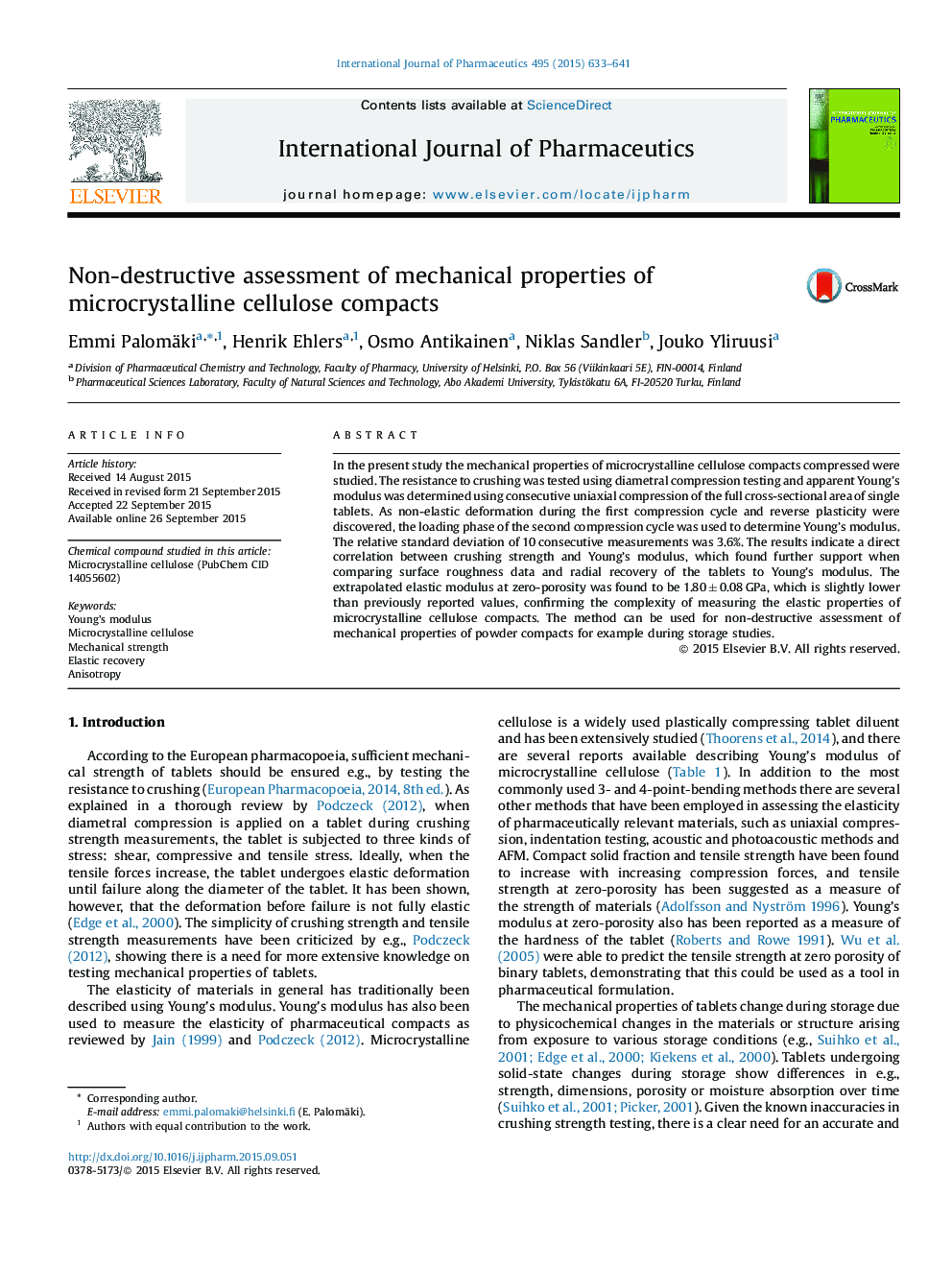 Non-destructive assessment of mechanical properties of microcrystalline cellulose compacts