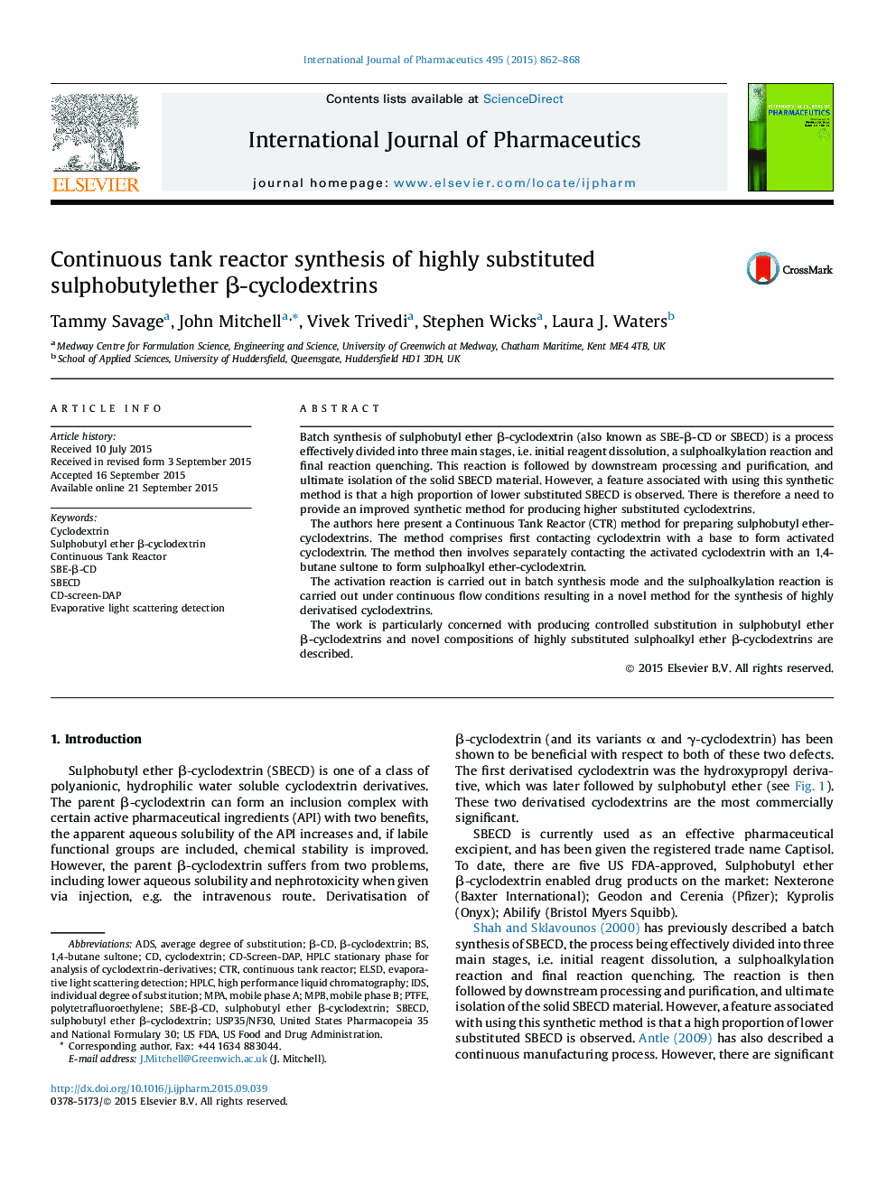 Continuous tank reactor synthesis of highly substituted sulphobutylether β-cyclodextrins